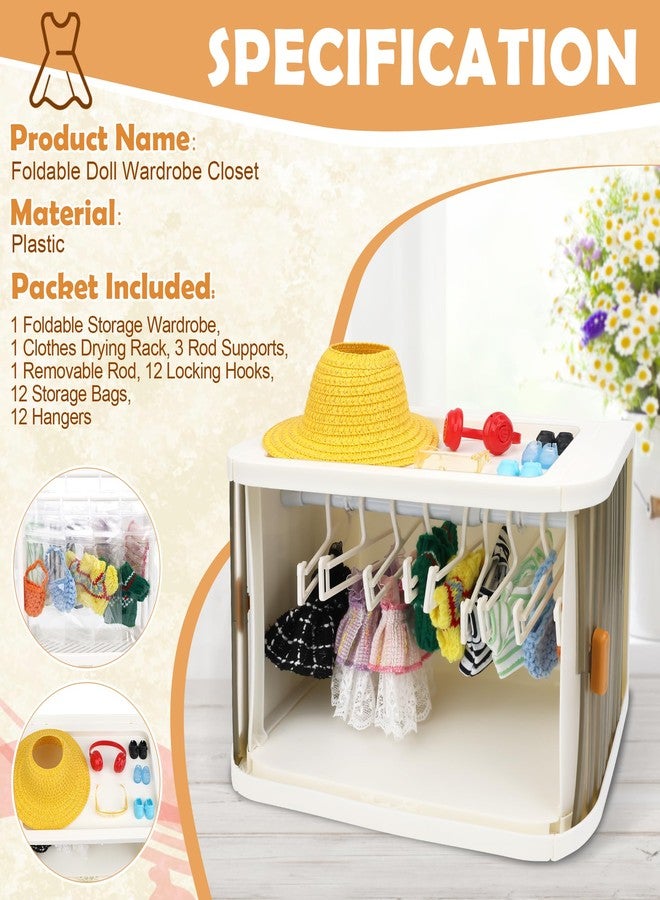 Catcan Doll Wardrobe Closet Foldable Doll Clothes Closet with Clothes Rack, Clothes Hangers and Storage Bags, Dust-Resistant Cover, Display Shelf and Sliding Doors (42Pcs) - Image 3